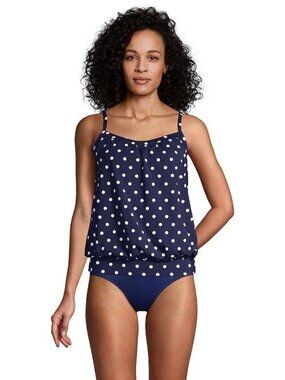 Lands End 18T Tall Blouson Tankini Swim Top Built In Bra Navy Polka Dots